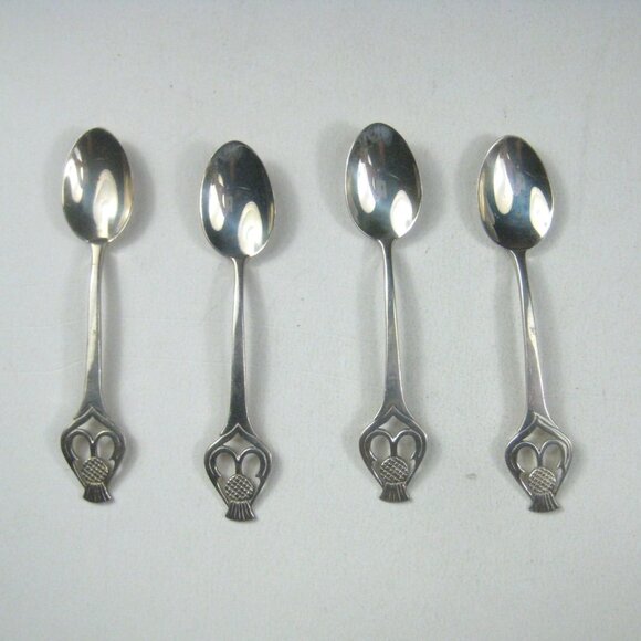 Set Of 4 Vintage Silver Teaspoons Thistle Design Signed - Picture 1 of 11
